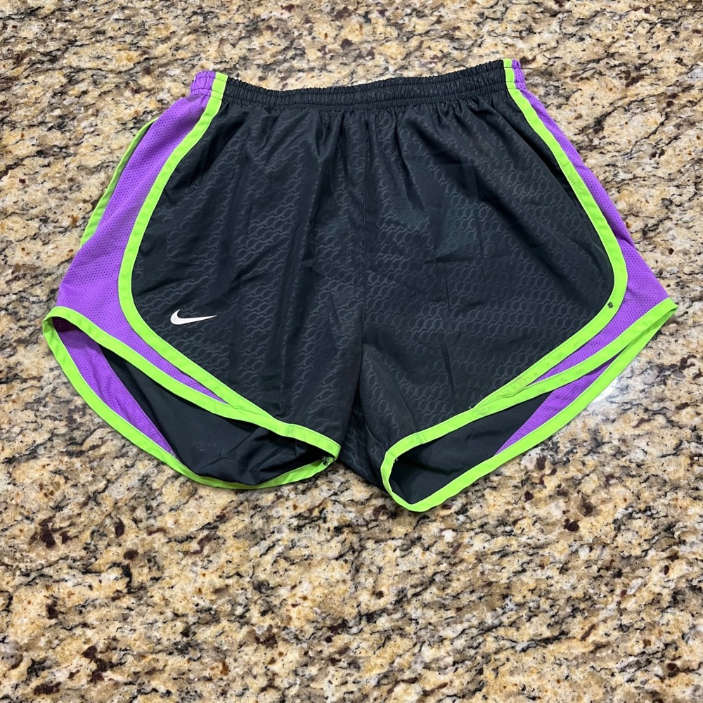 Nike Dri-FIT Tempo Running Shorts Womens Small Black Purple Neon Green Trim